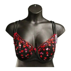 Cacique Heart Embroidered Unlined Balconette Bra Black Size 44D NWT